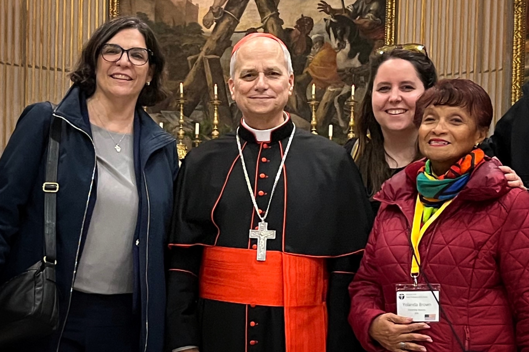 Pictured with then Cardinal Robert Francis Prevost is Ellie Hidalgo, co-director of Discerning Deacons, on the left, and to the right is DD’s Anna Roberston and Yolanda Brown, member of DD’s Board of Directors.